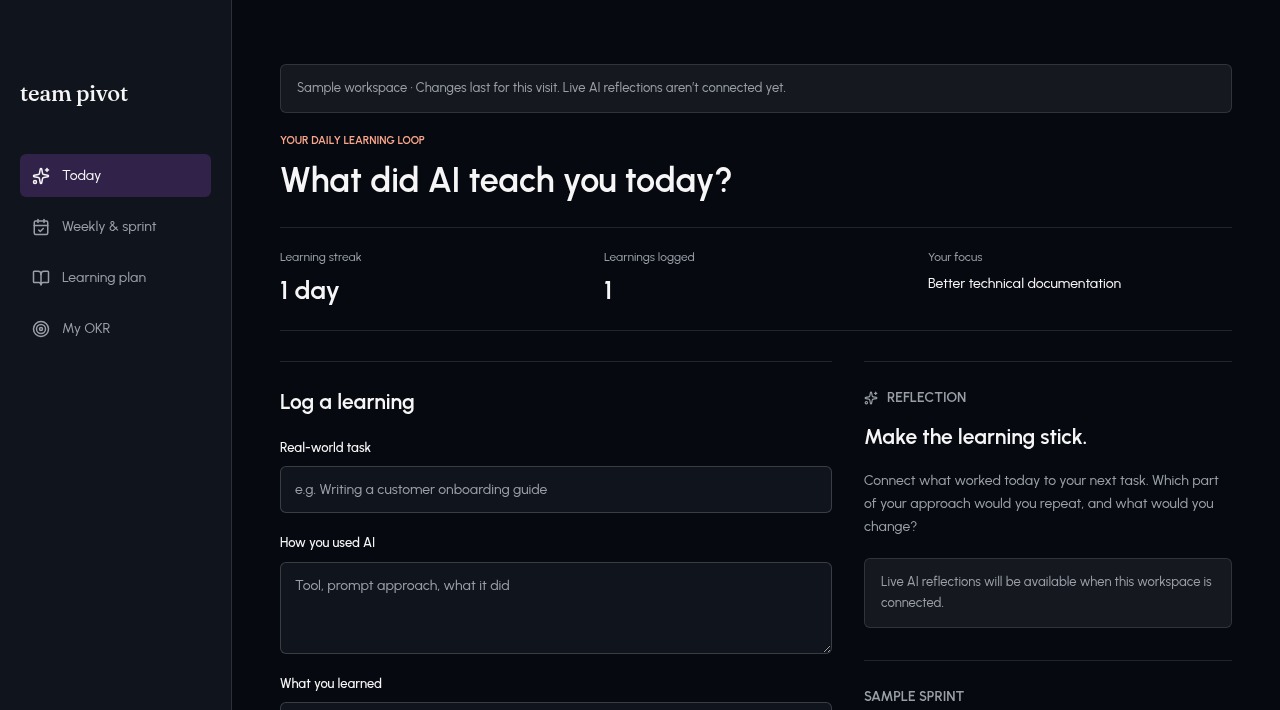Team pivot sample workspace showing the daily learning log, reflection and sprint focus